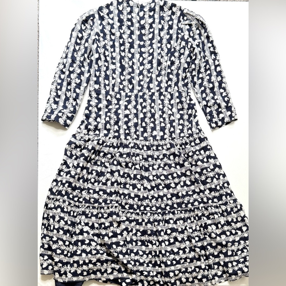 Midi Navy and White 100% Colton Eyelet Embroidered Patterned Dress Size Large